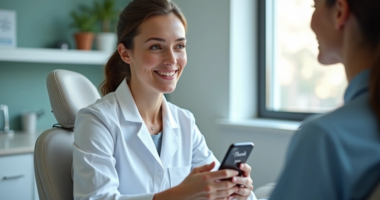 Dentista enviando mensagem de agradecimento pós-consulta para o paciente. 
