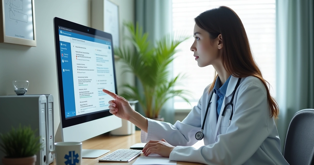 Médica olhando para uma tela de computador com mensagens de pacientes, ambiente claro de consultório