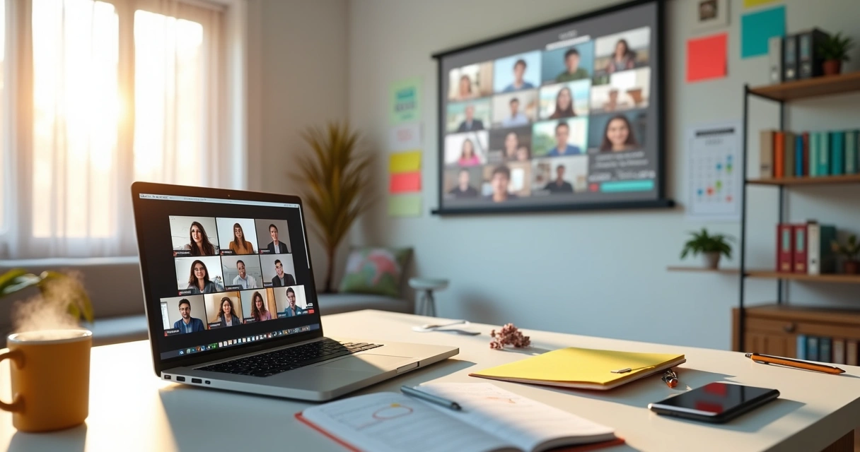 Grupo diverso de adultos em videoconferência projetada em parede estudando juntos 