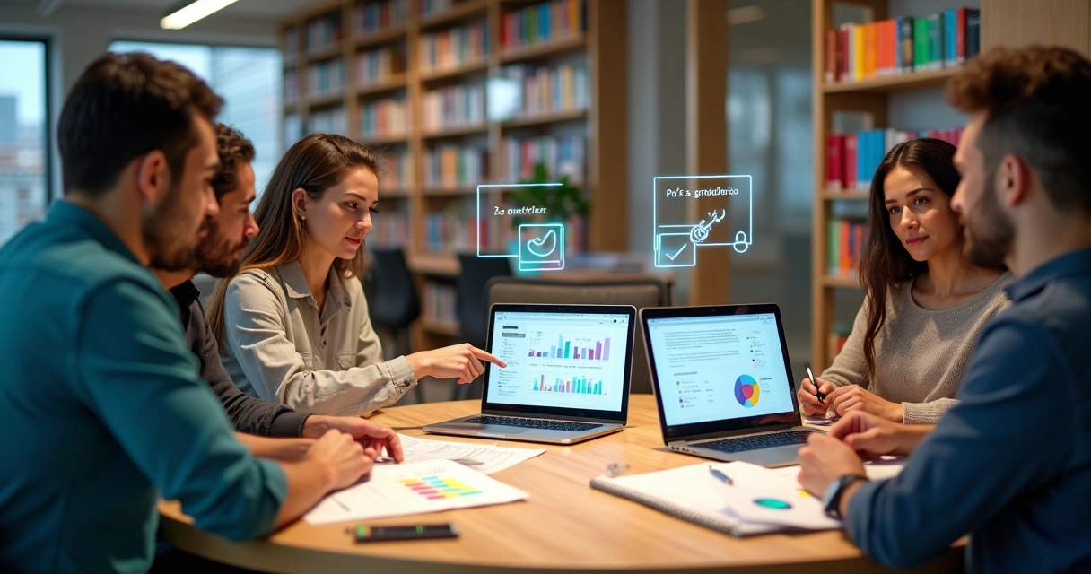 Adultos em mesa redonda analisando opções de pós-graduação EAD em ambiente moderno 