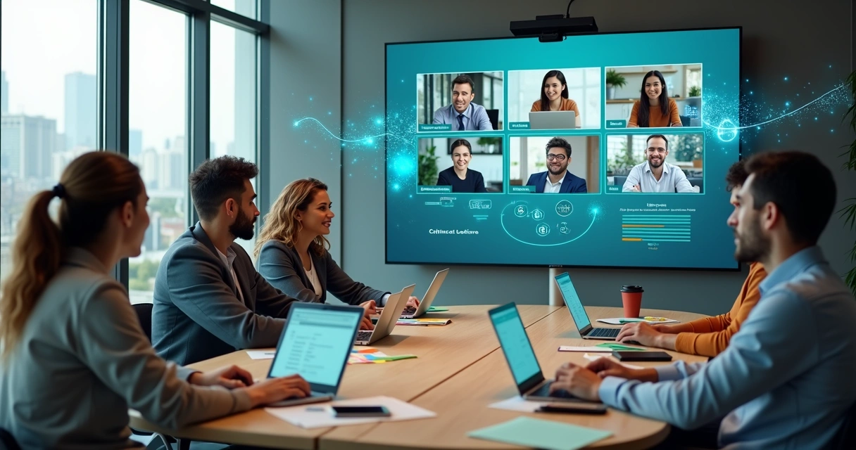 Grupo de profissionais em reunião virtual estudando pós-graduação EAD em grande telão 