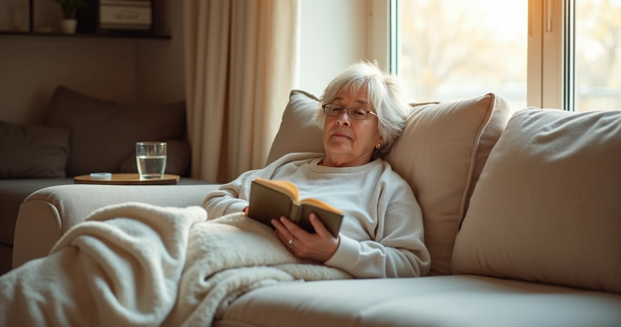 Mulher repousando em sofá após procedimento ginecológico 