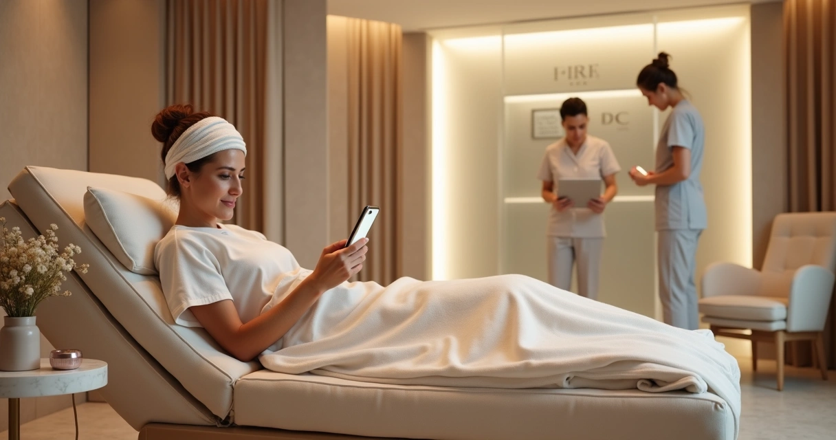 Paciente relaxa em sala de recuperação premium com equipe de clínica ao fundo 