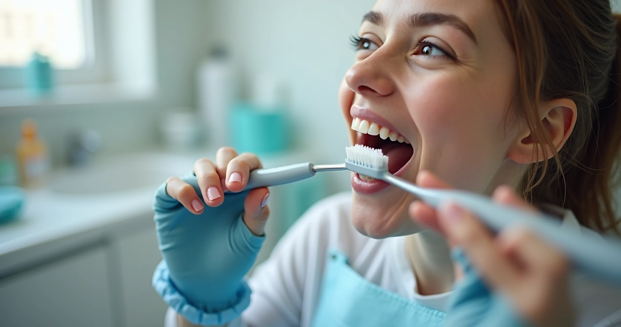 Paciente cuidando da higiene oral durante o pós-operatório de enxerto ósseo dental 