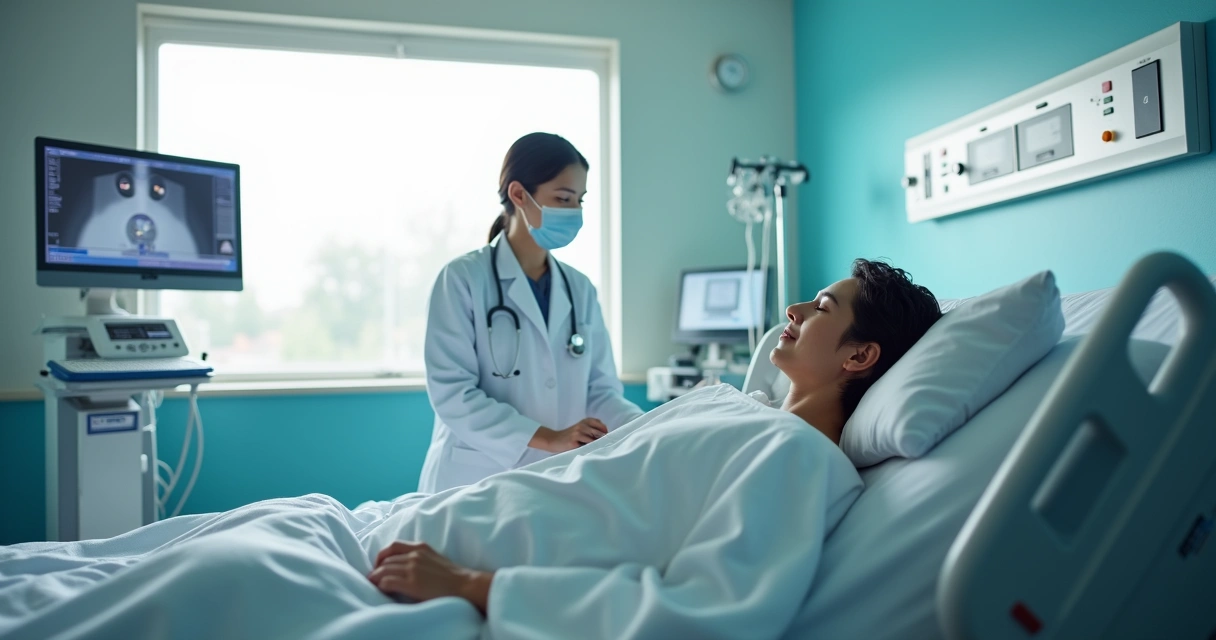 Paciente se recuperando em leito hospitalar após cirurgia oncológica 