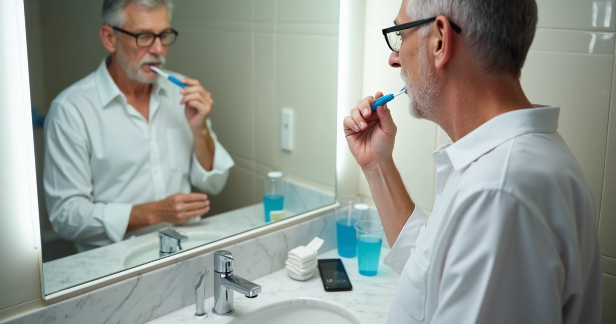 Paciente em casa cuidando do implante dentário recém-feito com orientação de higiene 