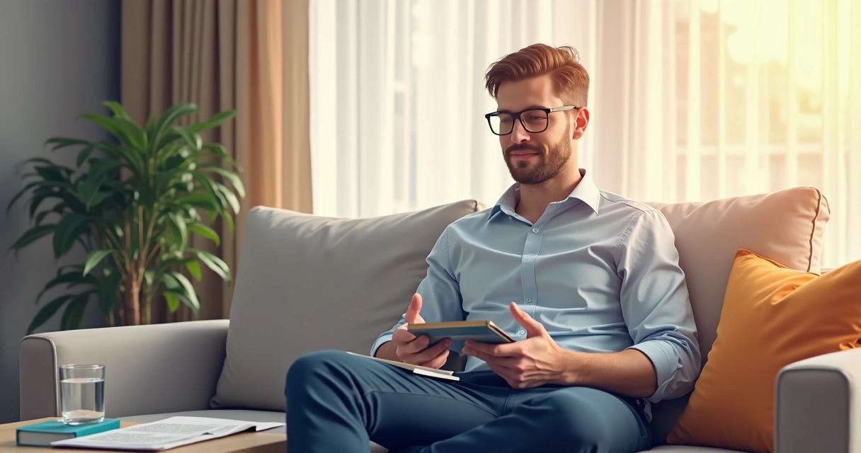 Homem relaxando em ambiente confortável no pós-operatório 