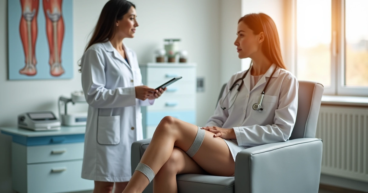 Mulher examinando as pernas com curativos de tratamento de varizes no consultório 