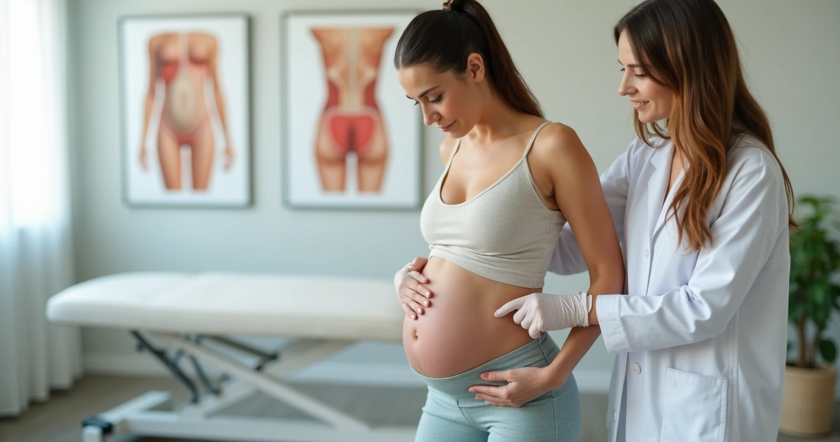 Mulher no pós-parto mostrando região do umbigo com leve saliência em consultório moderno 