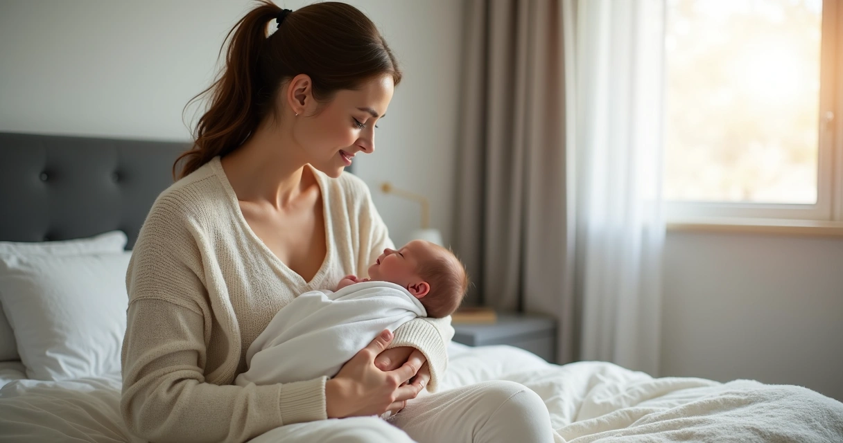 Mãe cuidando do bebê recém-nascido em casa 
