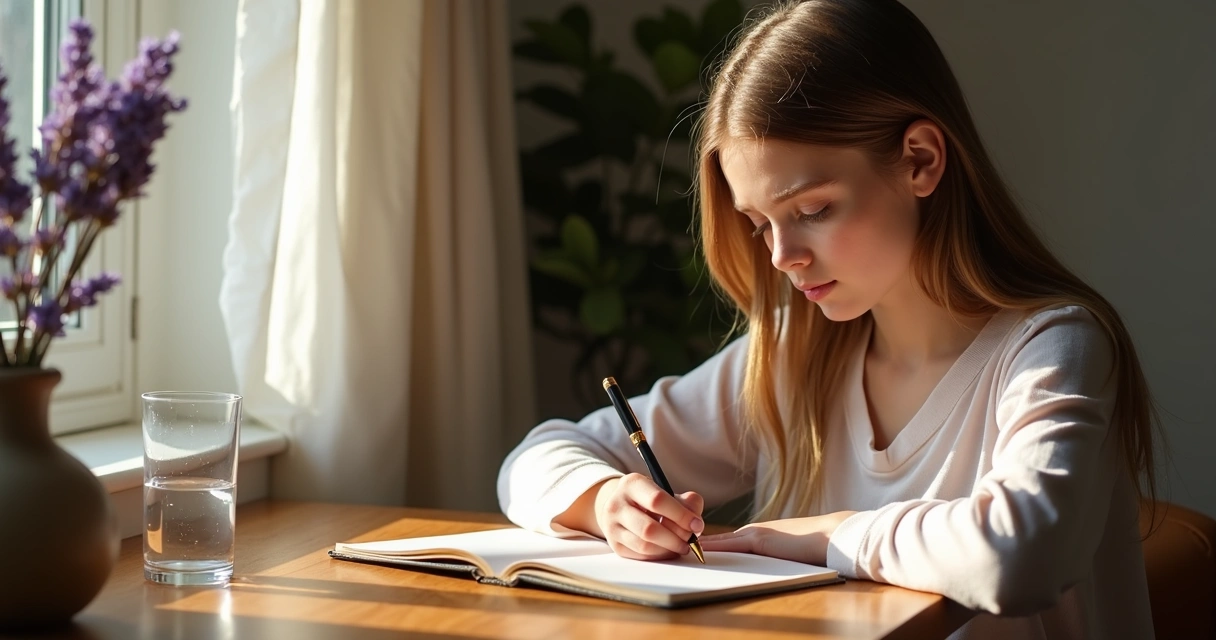 Pessoa escrevendo em diário após reiki 