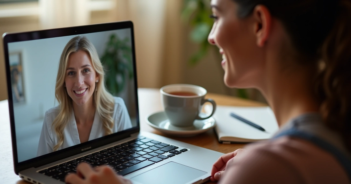 Pessoa sorrindo conectada ao terapeuta reiki online 