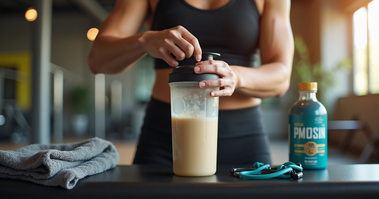 Pessoa preparando shake vegano após treino 