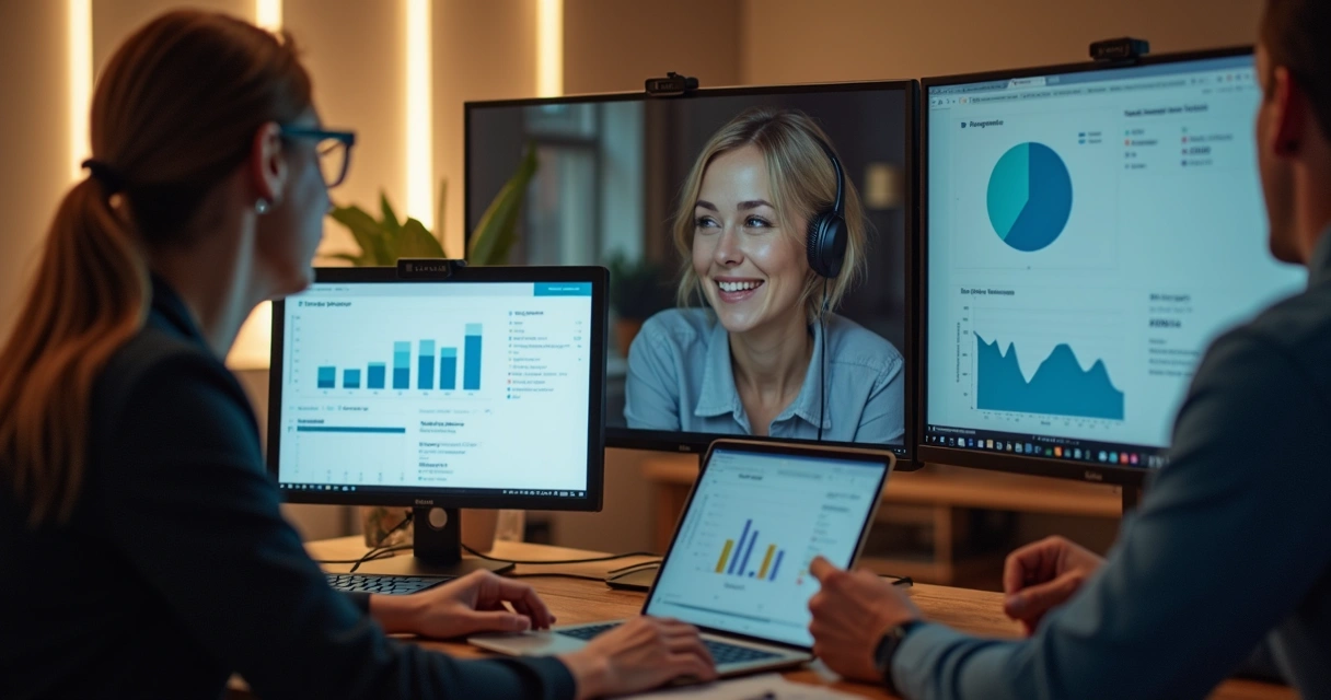 Equipe de suporte acompanhando cliente por videoconferência, analisando métricas 