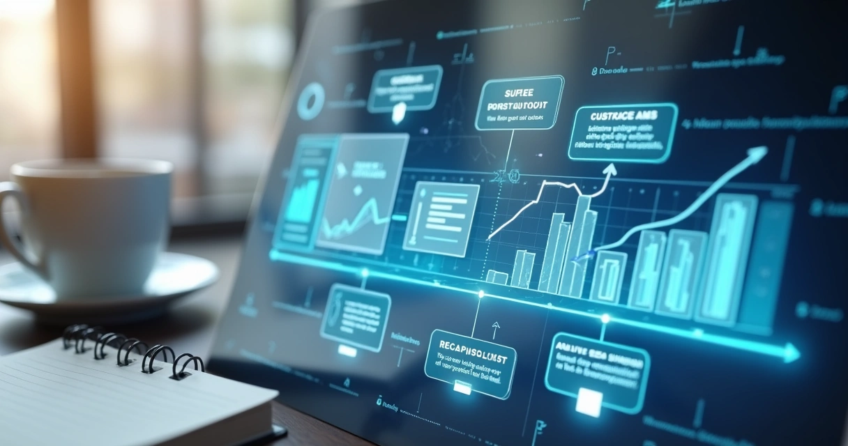 Fluxo automatizado de pós-venda mostrado em tela digital com mensagens e gráficos de acompanhamento 