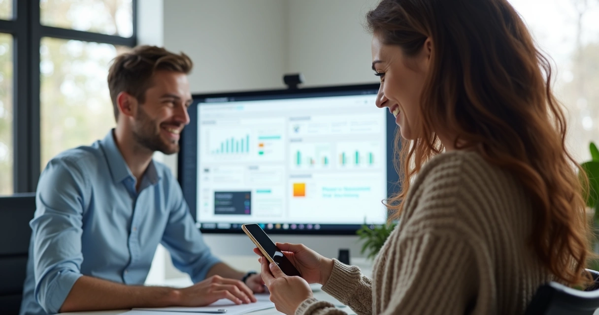 Corretor automatizando acompanhamento pós-venda em imobiliária, com cliente satisfeito analisando celular