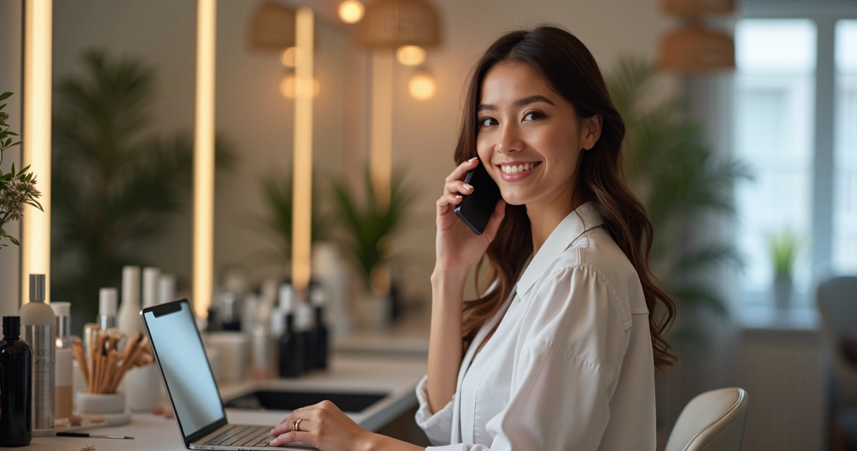 Profissional de beleza sorrindo ao ligar para cliente após atendimento 