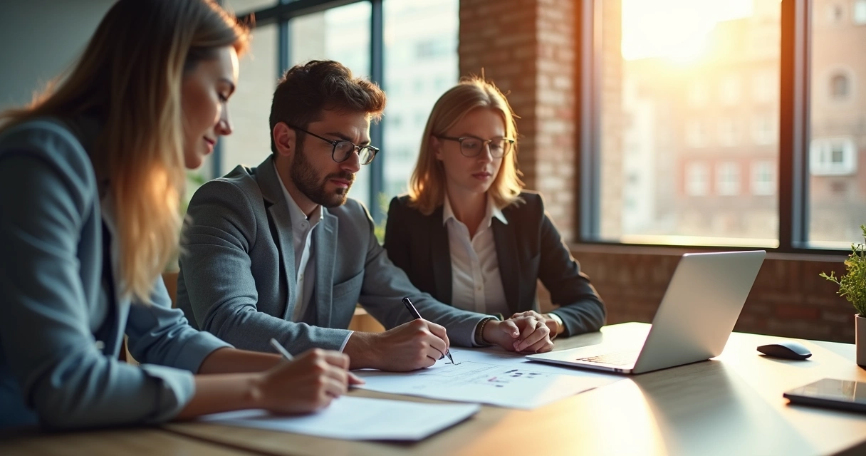 Reunião de pós-venda analisando checklist com cliente após 30 dias, mesa de escritório, papéis e computador 