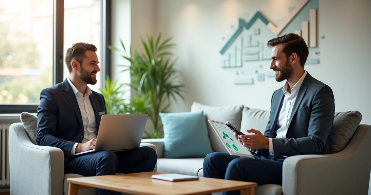 Consultor de planos de saúde atendendo cliente em ambiente acolhedor no pós-venda 