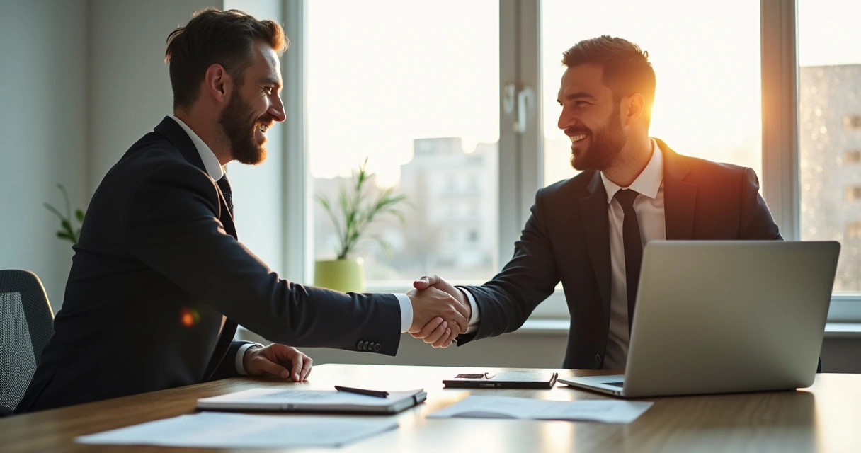 Contador sorrindo apertando a mão de cliente satisfeito. 