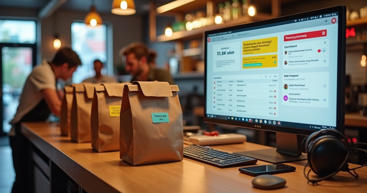 Equipe de restaurante ligando para cliente de delivery com tela cheia de dados de pedidos 