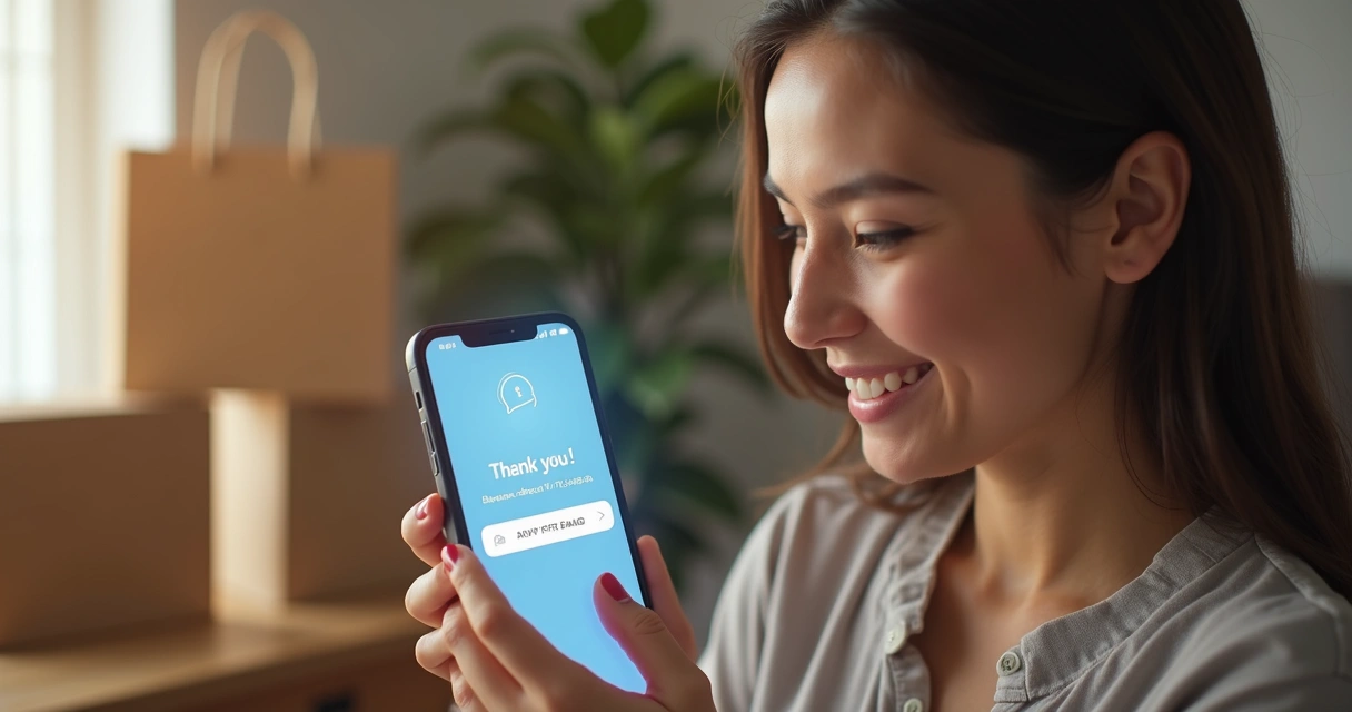 Cliente sorridente recebendo mensagem de pós-venda no celular após compra online 