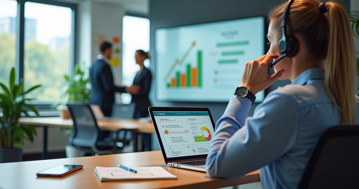 Equipe de atendimento acompanhando cliente após a compra em ambiente de escritório moderno 