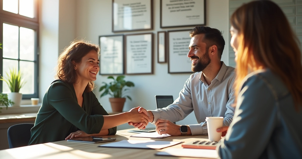 Cliente satisfeito apertando mão de consultor após venda 