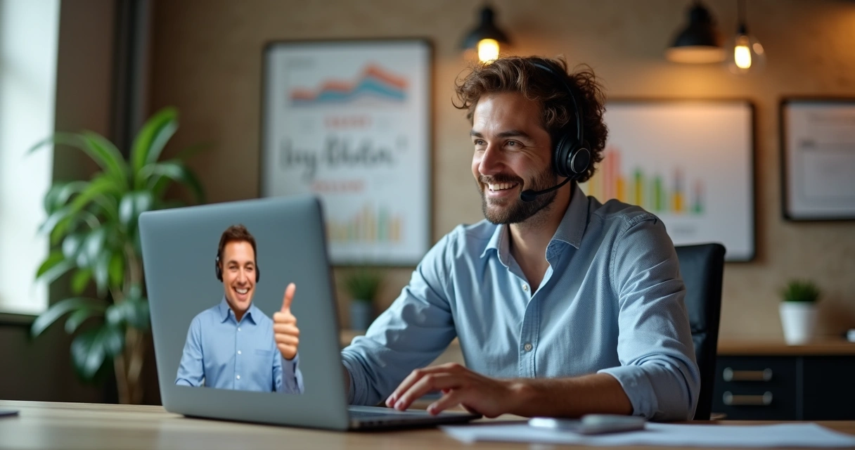 Profissional de vendas entrando em contato com cliente satisfeito para acompanhamento pós-venda 