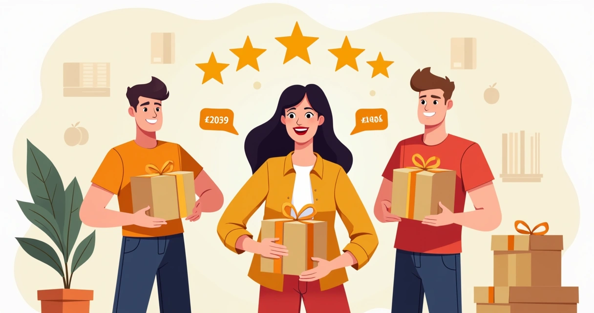 Clientes sorrindo com produtos recebidos e estrelas de avaliação.