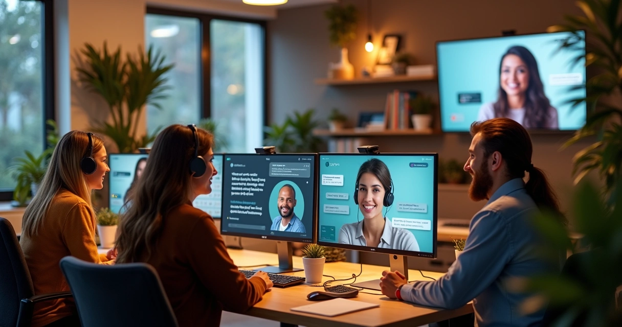 Equipe pós-venda conversando com clientes em um ambiente moderno 
