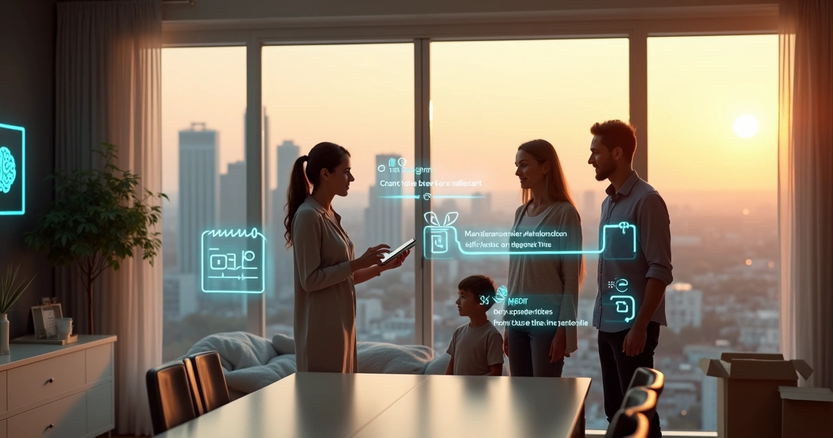 Corretora conversa com família em apartamento novo enquanto hologramas de IA exibem informações de pós-venda 