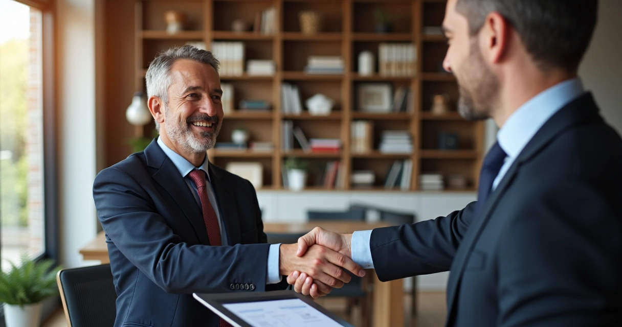 Advogado cumprimentando cliente satisfeito em escritório moderno 