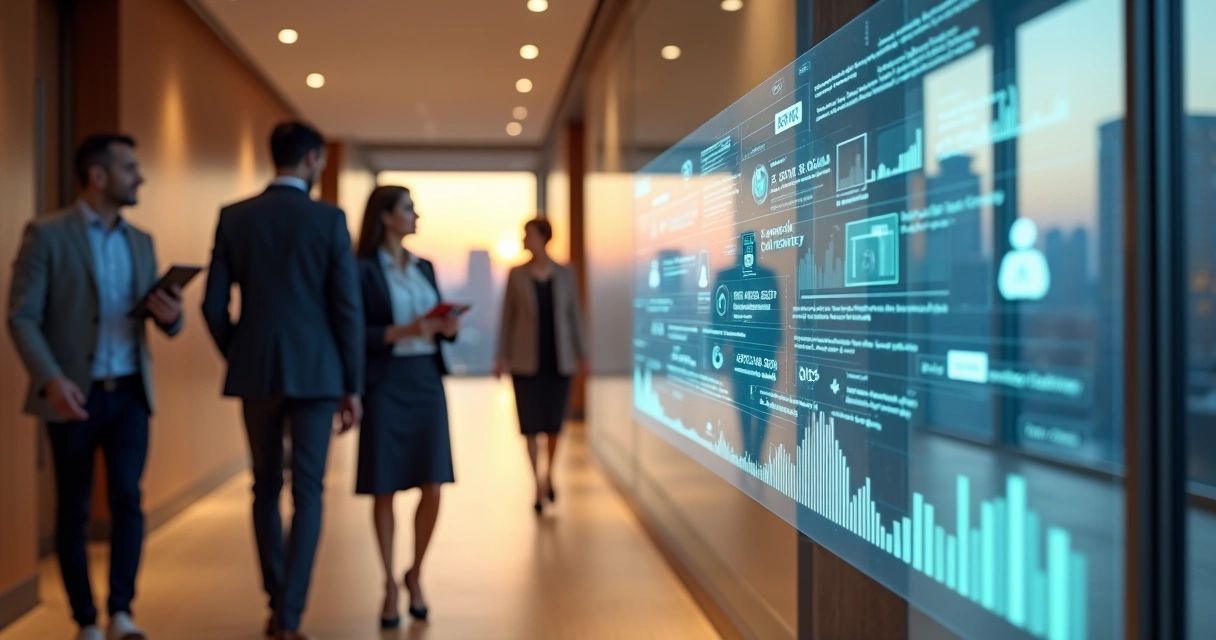 Profissionais jurídicos caminhando em corredor com gráficos digitais de relacionamento com clientes ao fundo 