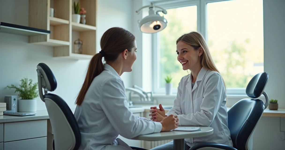 Dentista conversando com paciente em consultório após atendimento