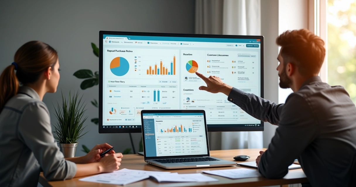 Equipe analisando dados de recompra em loja virtual com ícones de fidelização 
