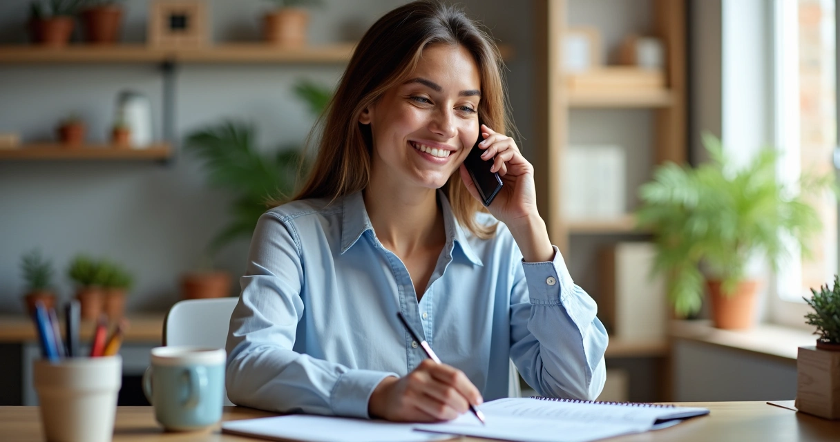 Vendedor falando ao telefone sorrindo, com histórico de cliente aberto no notebook 
