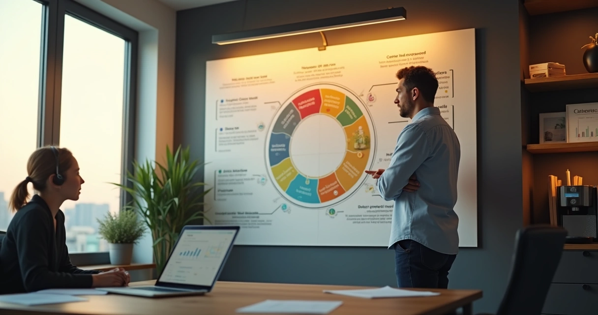 Gestor de PME observando mural com etapas do pós-venda e ícones de clientes recorrentes 