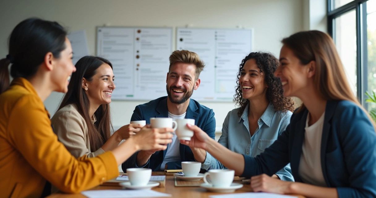 Equipe de agência celebrando com clientes fiéis 