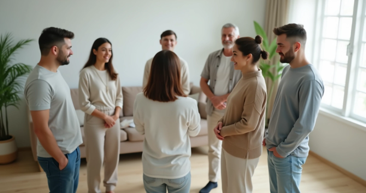 Família em círculo vista de cima com foco em uma pessoa refletindo sobre seu lugar nas relações 