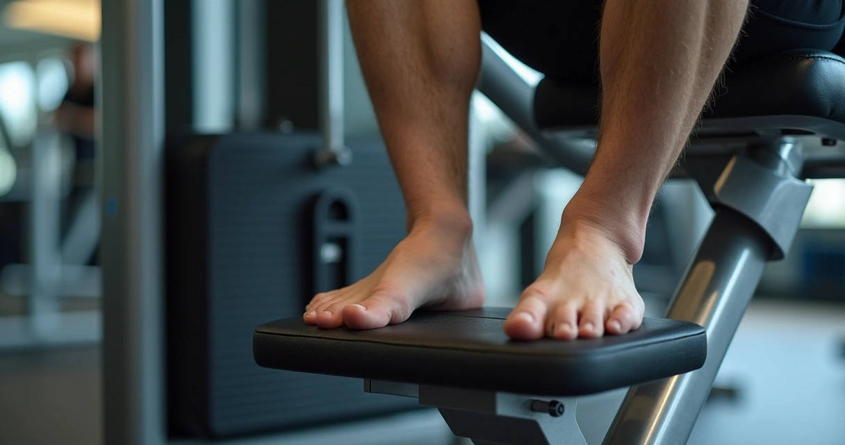 Detalhe do apoio dos pés e lombar no leg press para segurança 