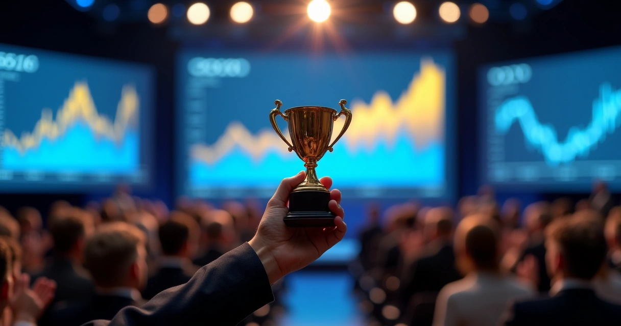 Mão segurando troféu à frente de público, gráficos financeiros ao fundo, símbolo de autoridade 