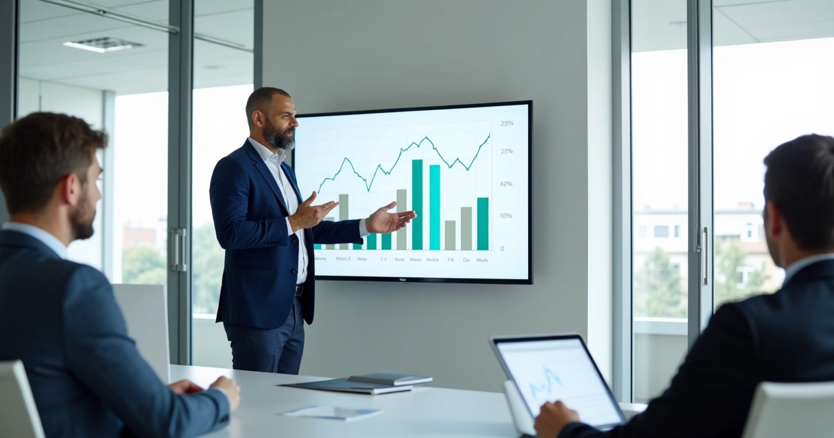 Profissional de contabilidade apresentando resultados em tela para clientes atentos 