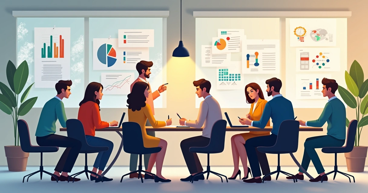 Equipe reunida revisando o posicionamento da marca em uma sala moderna, quadros e gráficos na parede 