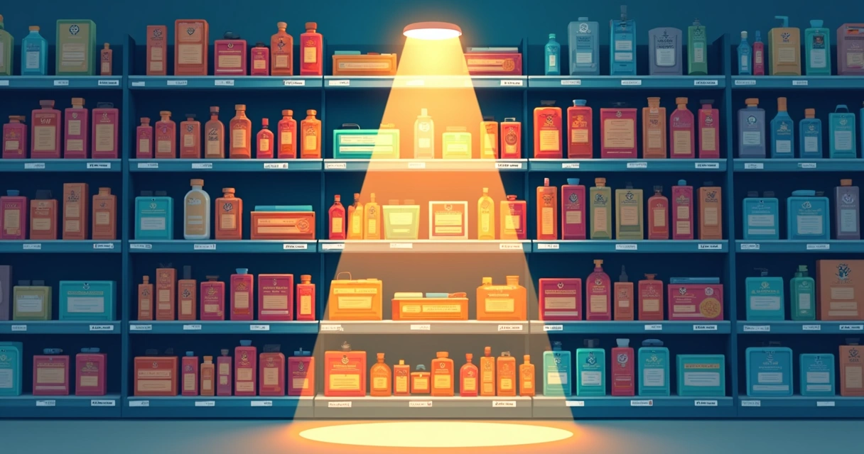 Destaque de produto em prateleira lotada, atraindo atenção com luz e cor 