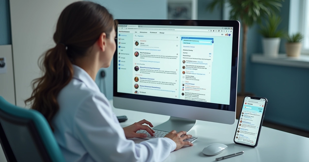 Médico analisando presença digital em computador e smartphone