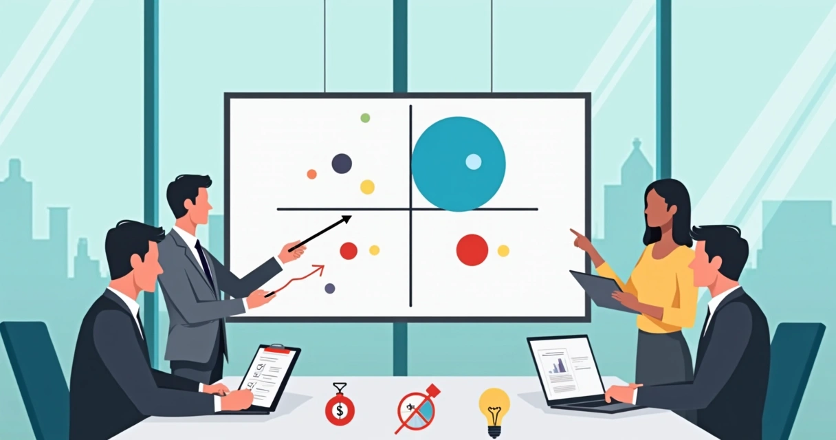 Donos de PME analisando matriz de posicionamento de mercado em painel com gráficos 