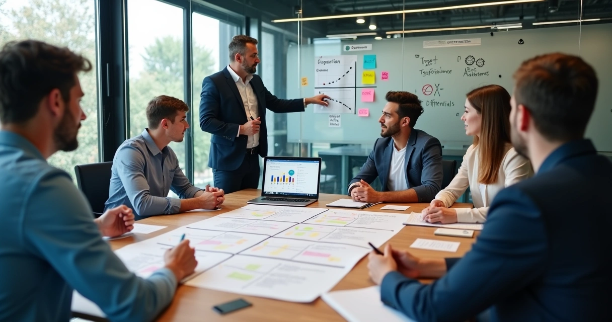 Equipe de PME definindo posicionamento de serviços em reunião estratégica 