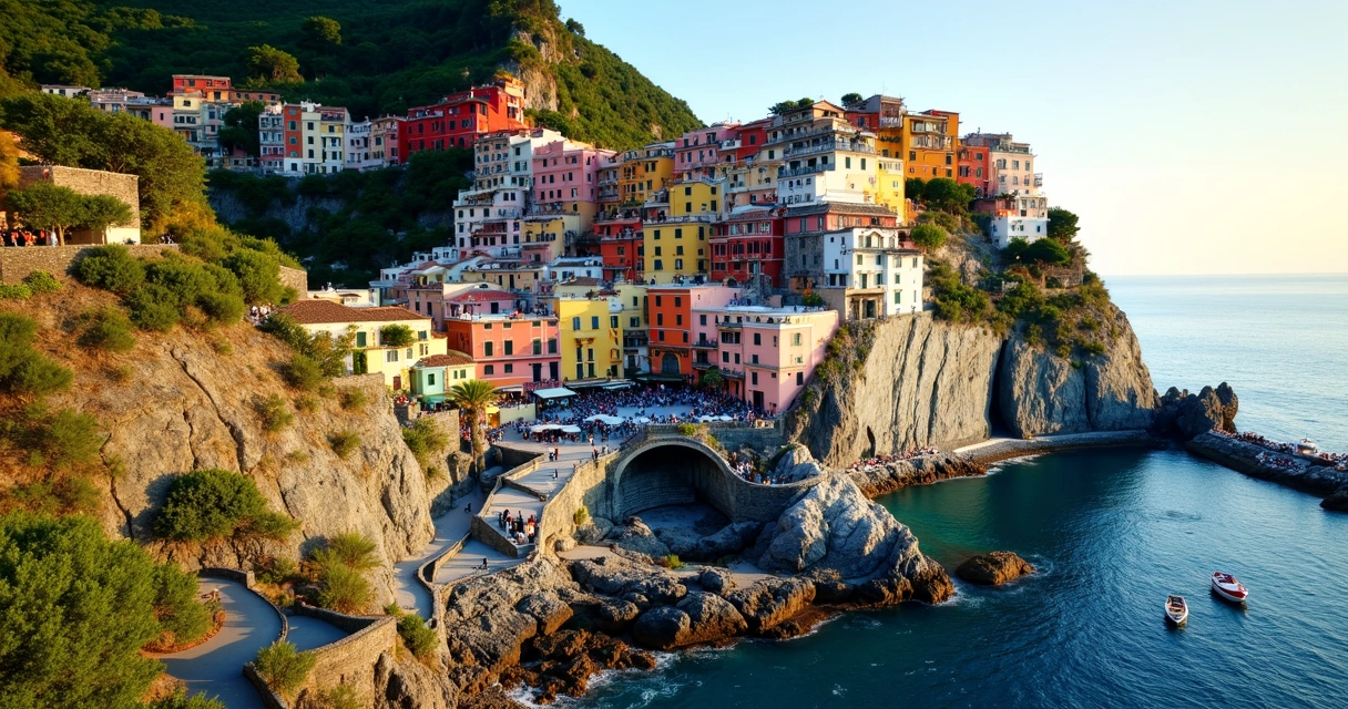 Vista colorida das casas na encosta de Positano descendo até o mar 
