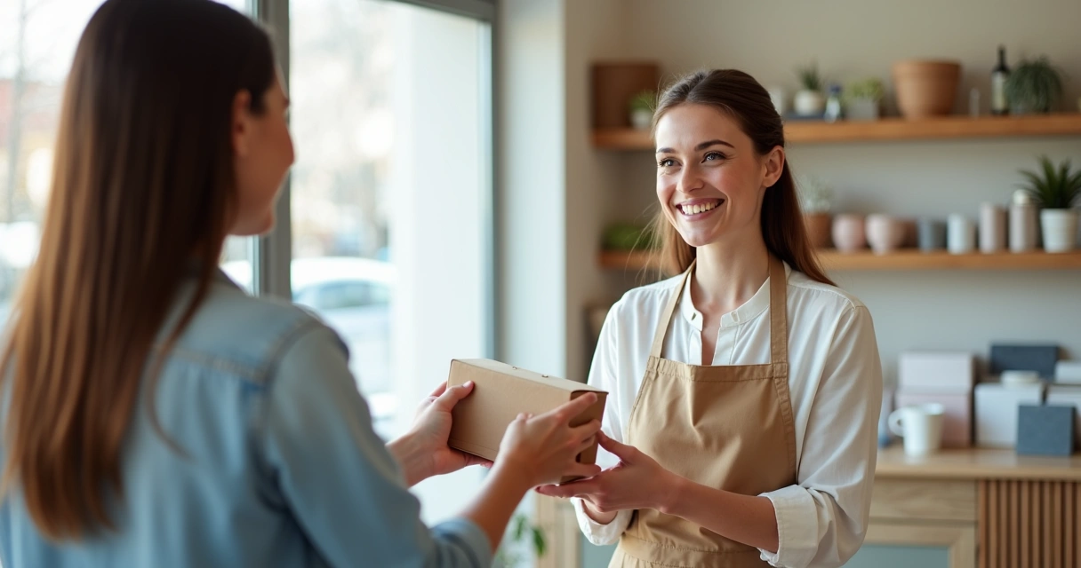 Smiling employee handing product to happy customer 